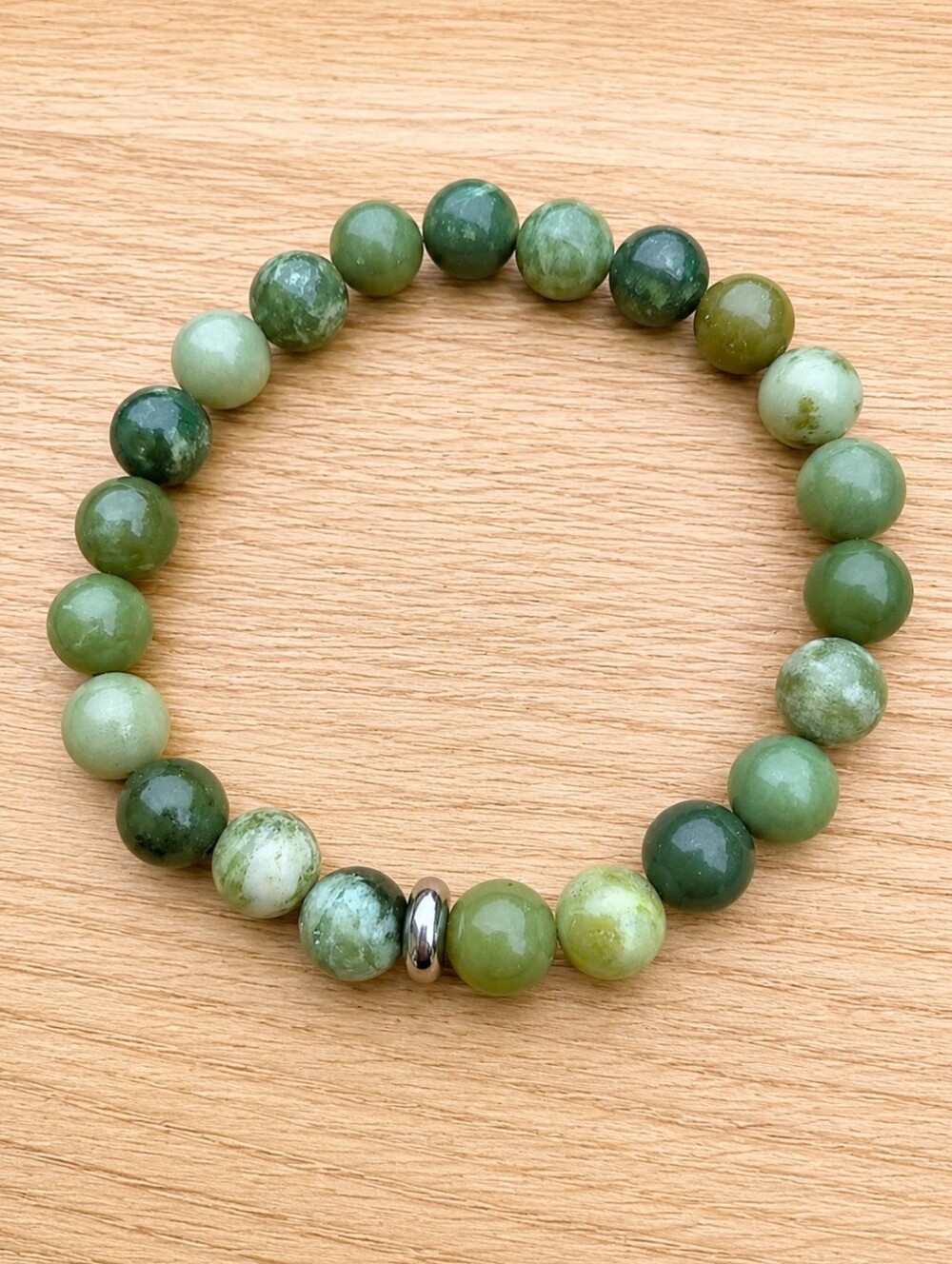 Green Serpentine Beads Stretch Bracelet - Hand Crafted